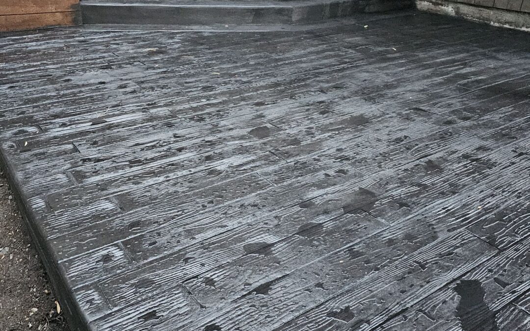 Black timber wood plank stamped concrete patio, davis color graphite steps